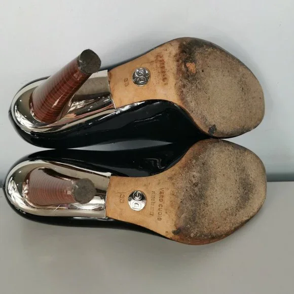 D&G Dolce Gabbana Black Patent Leather Open Toe Shoes High Heel 38 UK 5 RRP £242 - Picture 8 of 9